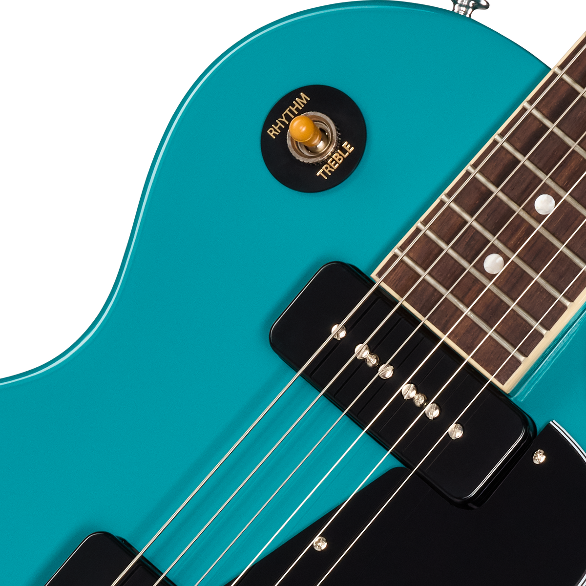Close-up of a turquoise electric guitar with a focus on the neck and tuning pegs.