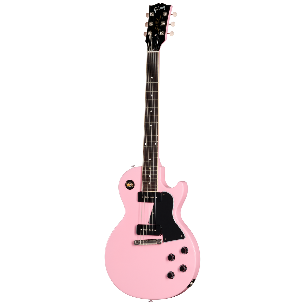 Pink electric guitar on a white background