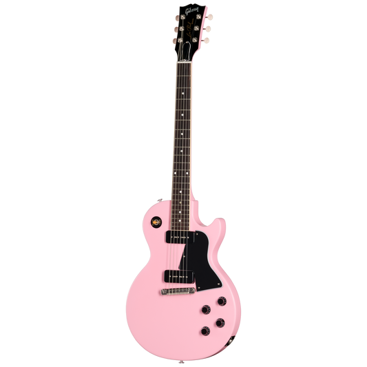 Pink electric guitar on a white background