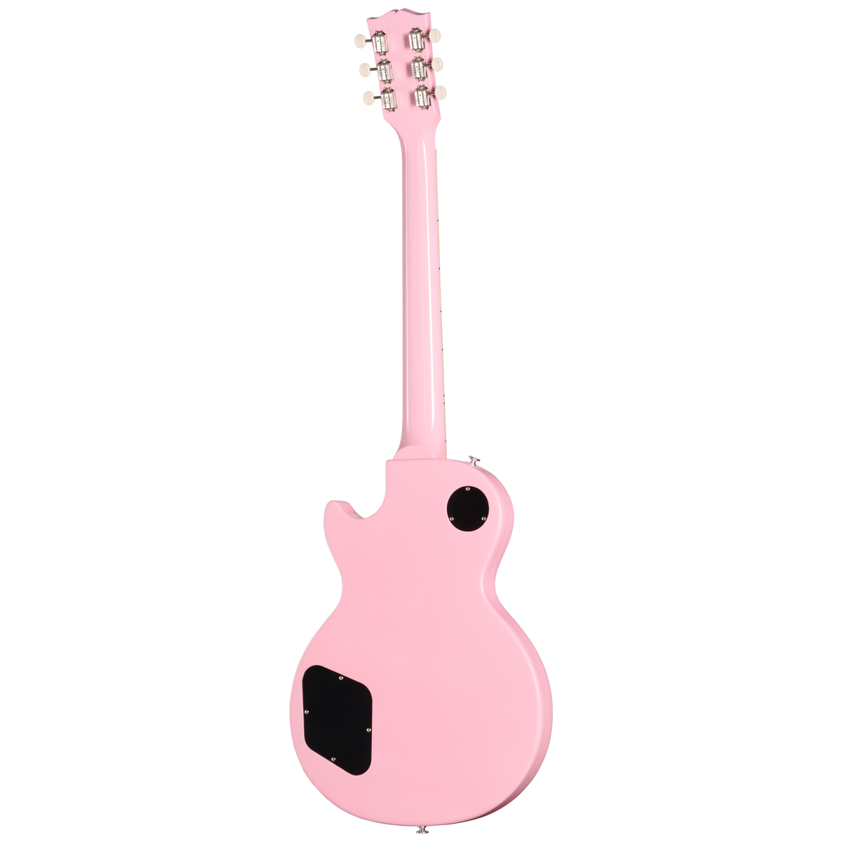 Pink electric guitar on a white background