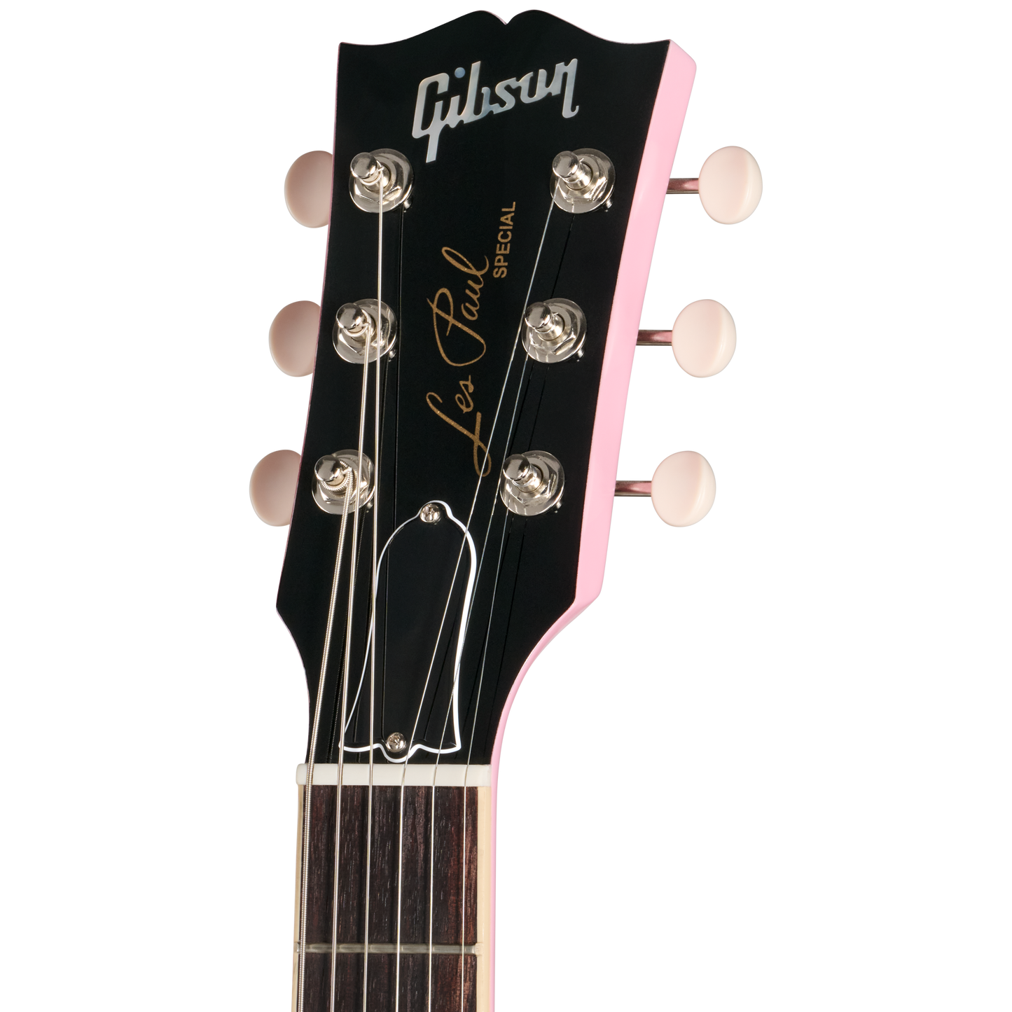 Gibson Les Paul Special guitar headstock with black and pink design on a white background
