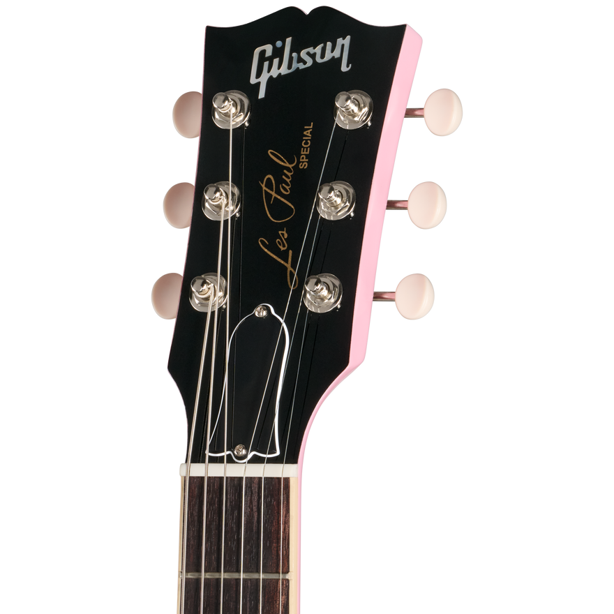 Gibson Les Paul Special guitar headstock with black and pink design on a white background