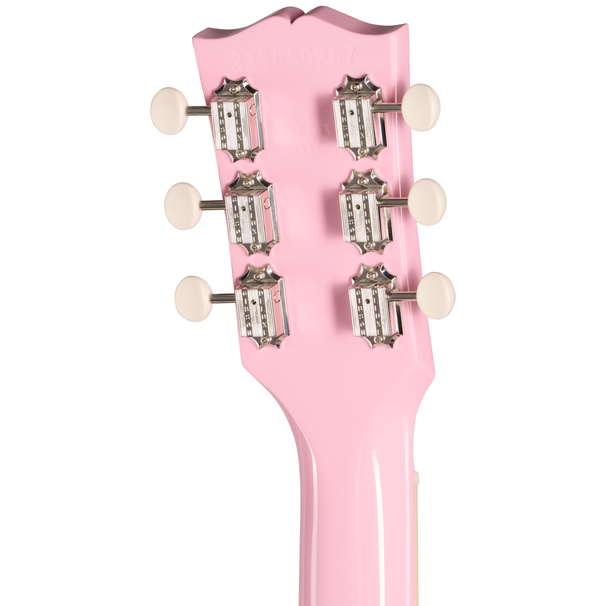 Close-up of a pink guitar headstock with tuning pegs on a white background