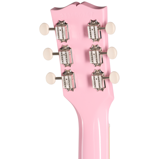 Close-up of a pink guitar headstock with tuning pegs on a white background