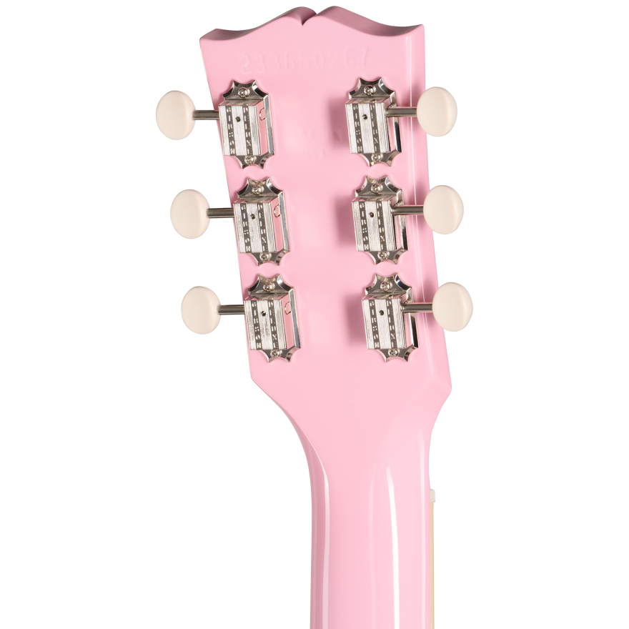 Close-up of a pink guitar headstock with tuning pegs on a white background