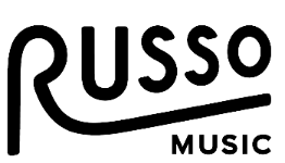 Black 'Russo Music' logo on a white background