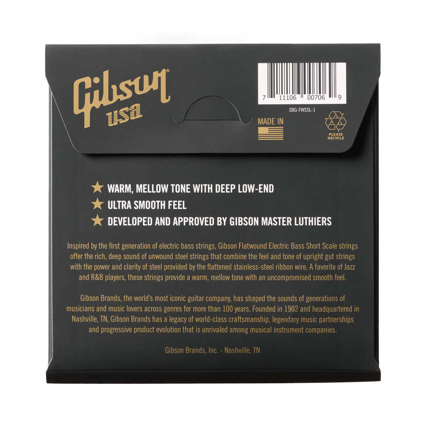 Gibson Flatwound Electric Bass Strings, Short Scale, Light Gauge Bass Strings Gibson