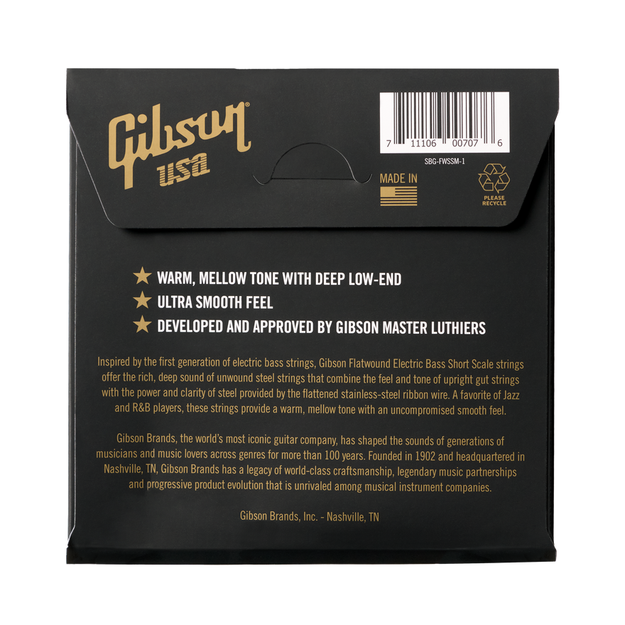 Gibson Flatwound Electric Bass Strings, Short Scale, Medium Gauge Bass Strings Gibson