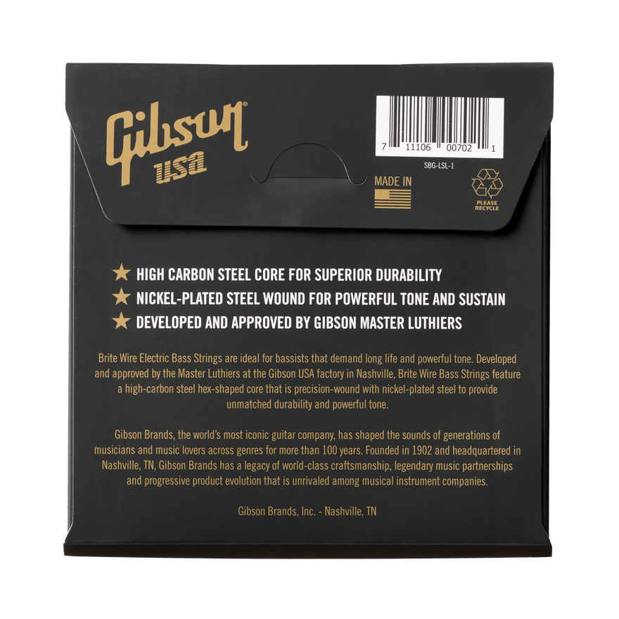 Gibson Brite Wire Electric Bass Strings, Long Scale, Light Gauge Bass Strings Gibson