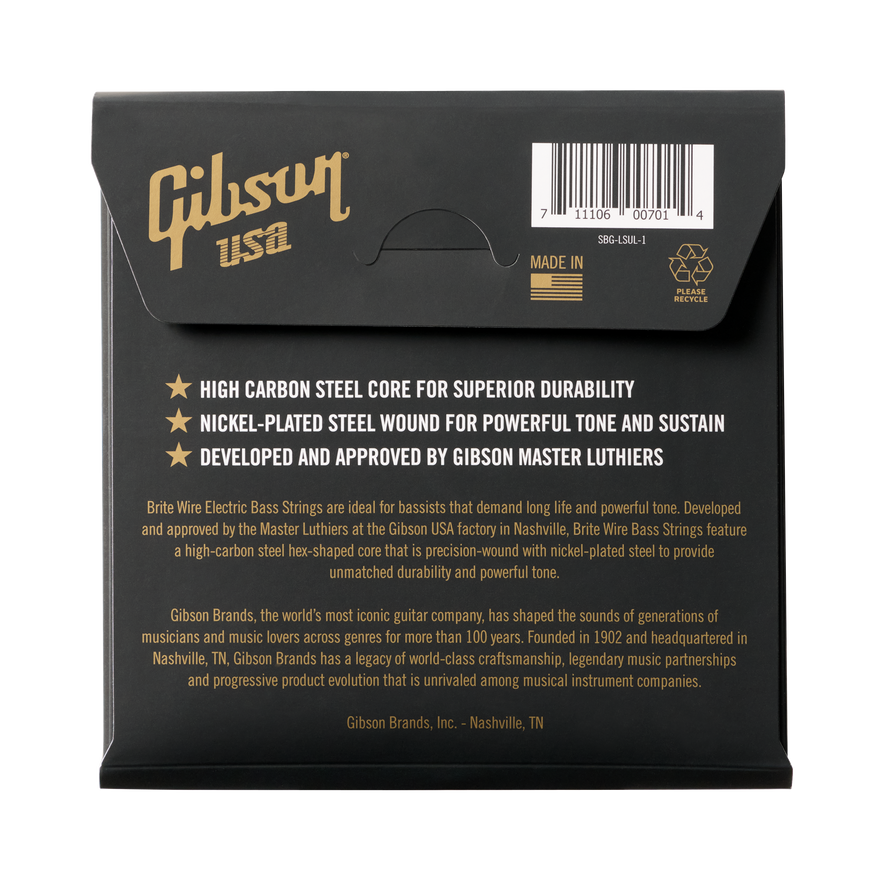 Gibson Brite Wire Electric Bass Strings, Long Scale, Ultra-Light Bass Strings Gibson