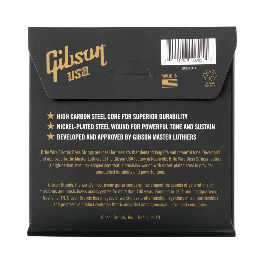 Gibson Brite Wire Electric Bass Strings, Long Scale, 5-String, Light Gauge Bass Strings Gibson