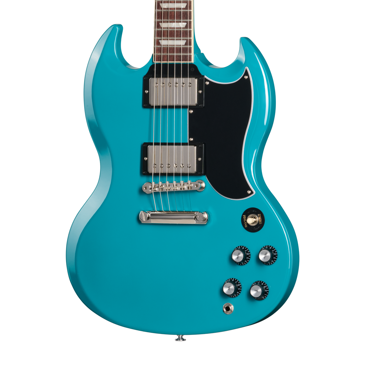 Turquoise electric guitar on a white background