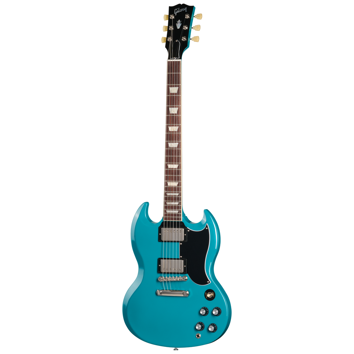 Blue electric guitar on a white background