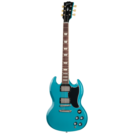 Blue electric guitar on a white background