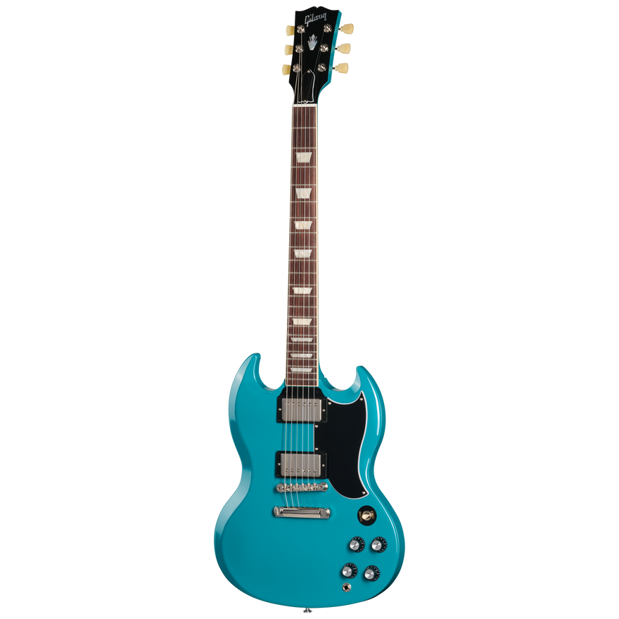 Blue electric guitar on a white background