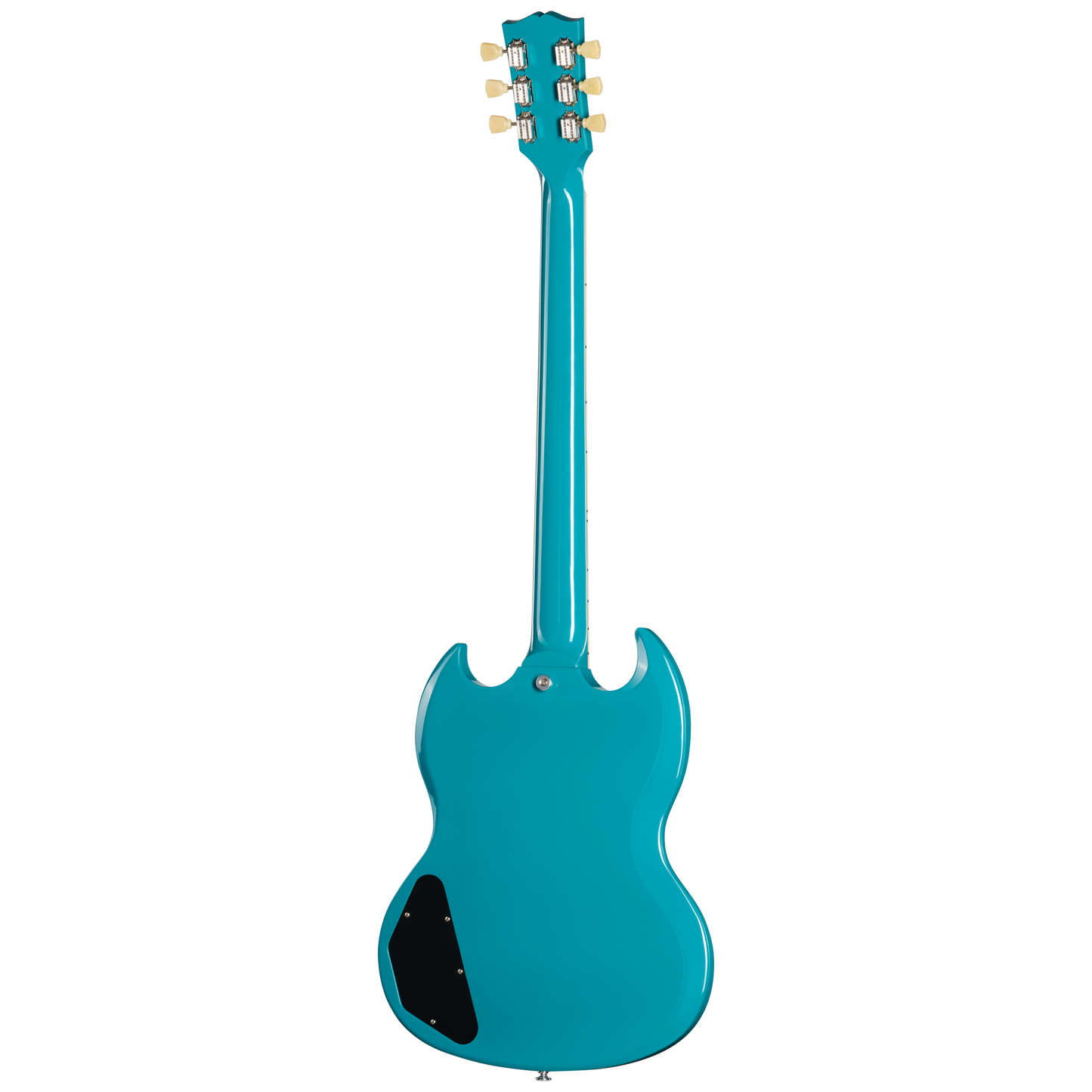Turquoise electric guitar on a white background