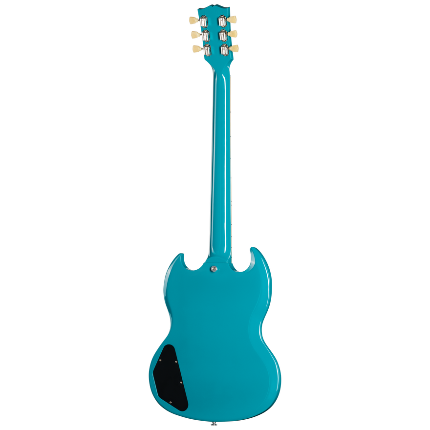 Turquoise electric guitar on a white background
