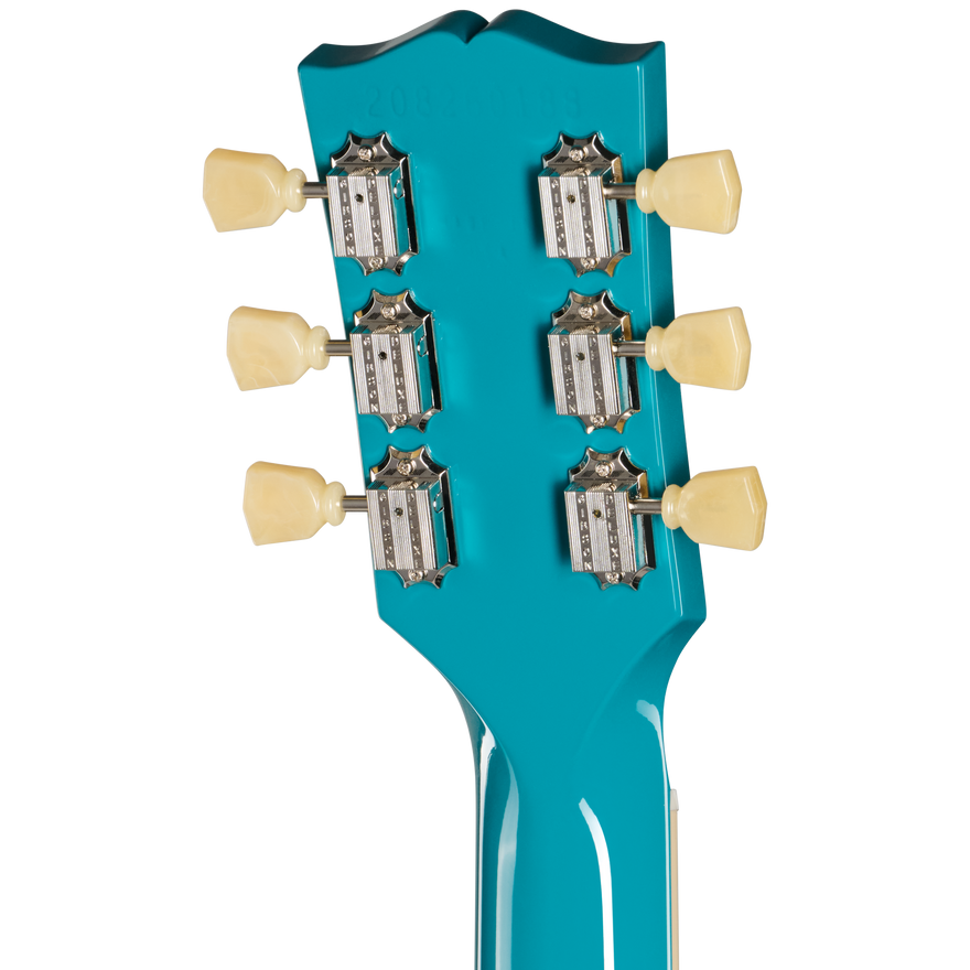 Close-up of a turquoise guitar headstock with tuning pegs on a white background