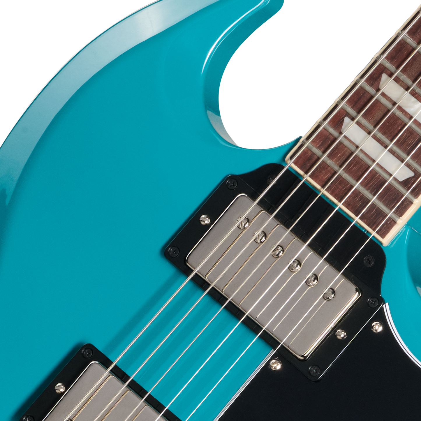 Close-up of a turquoise electric guitar with a focus on the neck and body.