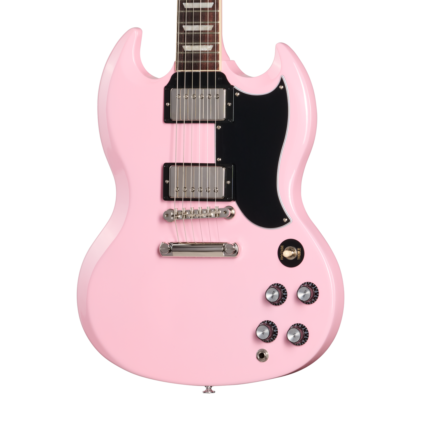 Pink electric guitar on a white background