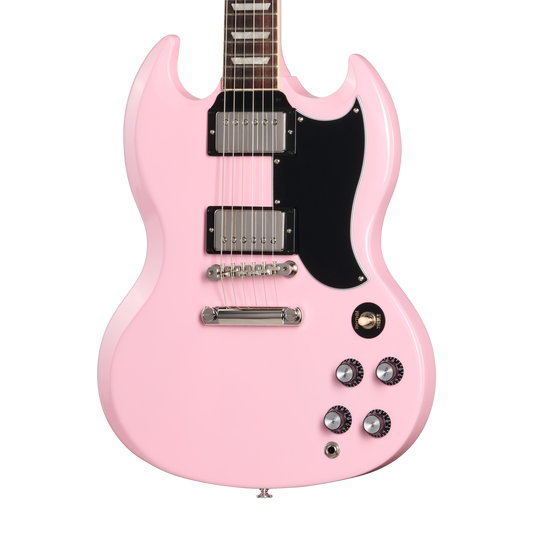 Pink electric guitar on a white background