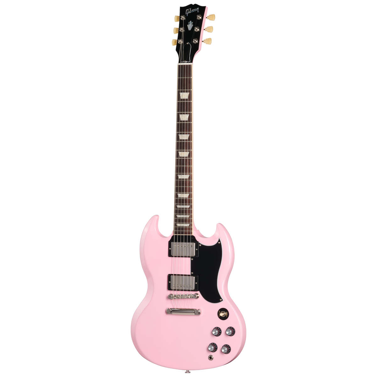Pink electric guitar on a white background