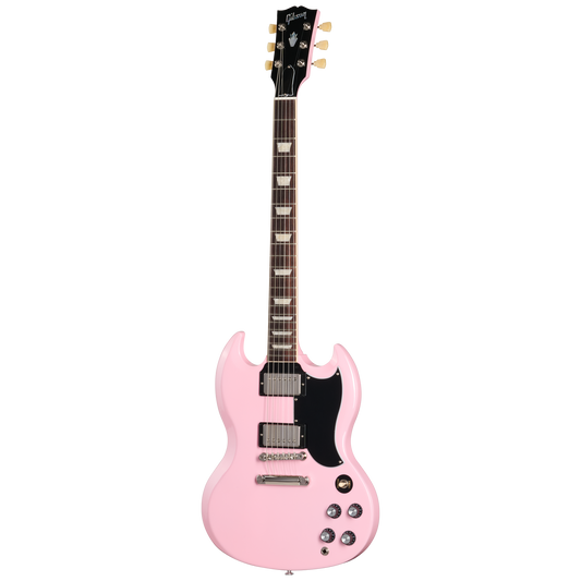 Pink electric guitar on a white background