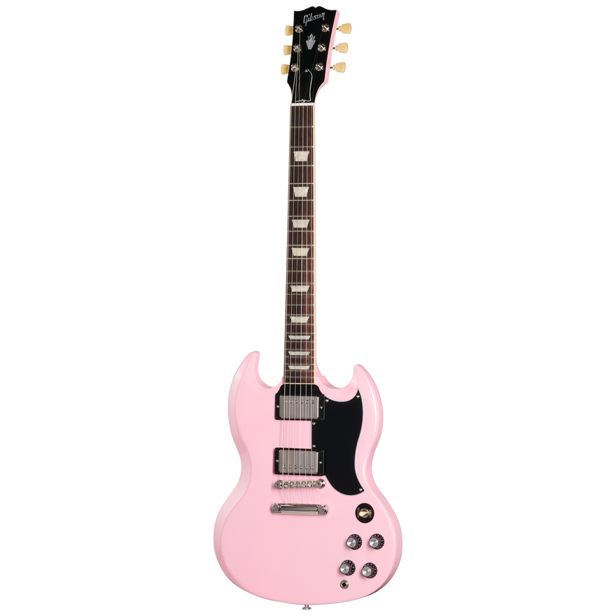 Pink electric guitar on a white background