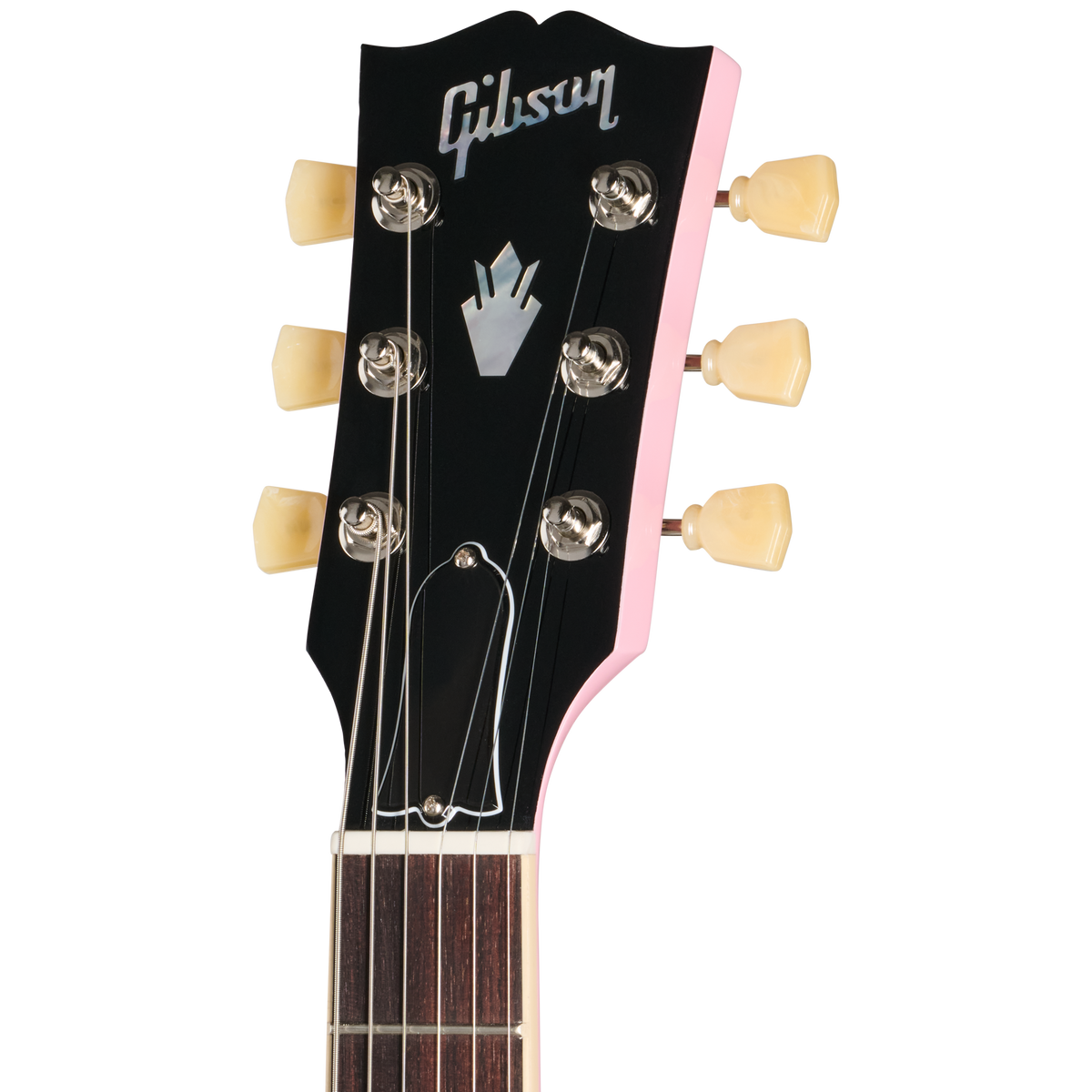 Gibson guitar headstock with black and pink design on a white background
