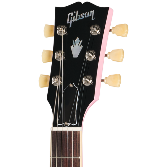Gibson guitar headstock with black and pink design on a white background