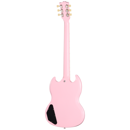 Pink electric guitar on a white background