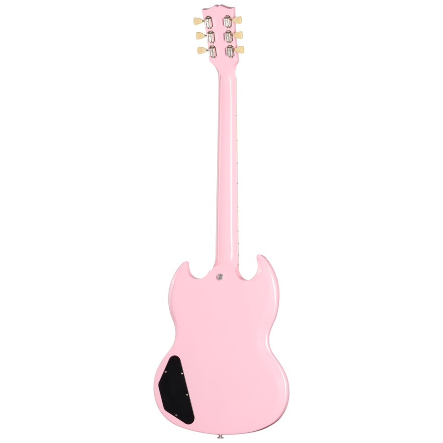 Pink electric guitar on a white background