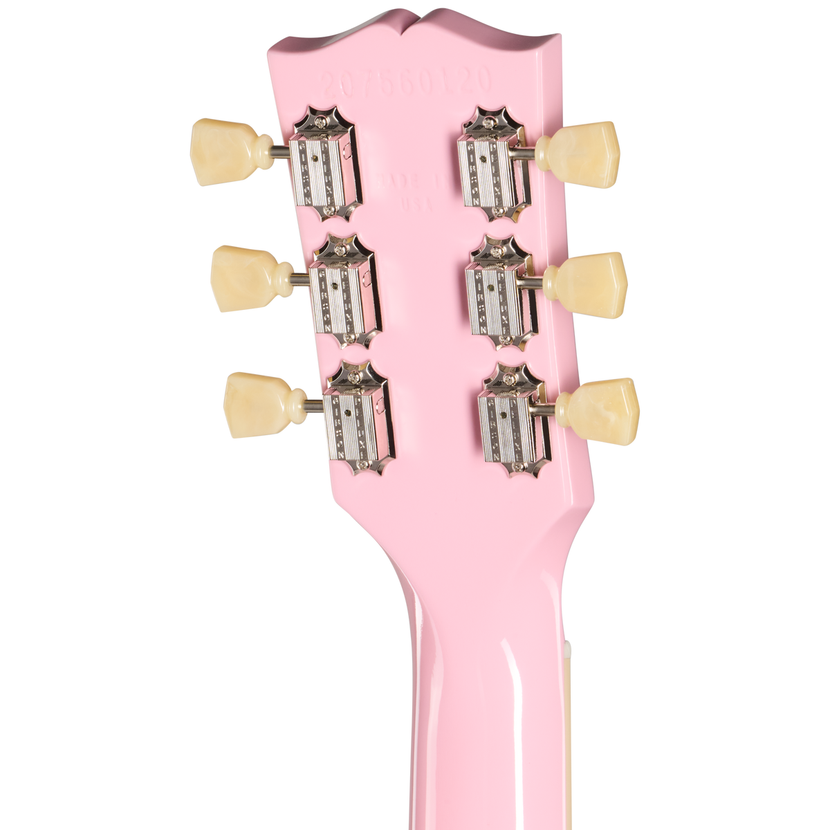 Close-up of a pink guitar headstock with tuning pegs on a white background