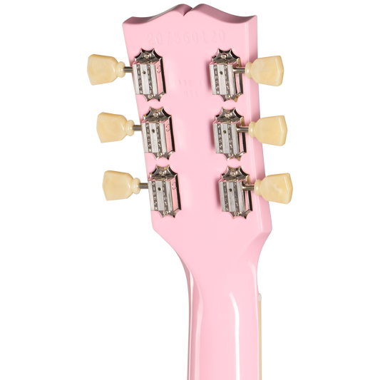 Close-up of a pink guitar headstock with tuning pegs on a white background