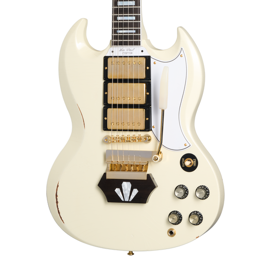 Gibson Custom 1962 Les Paul SG Custom Reissue with Ebony Block, Light Aged, Vintage White, Exclusive Electric Guitar Gibson Custom